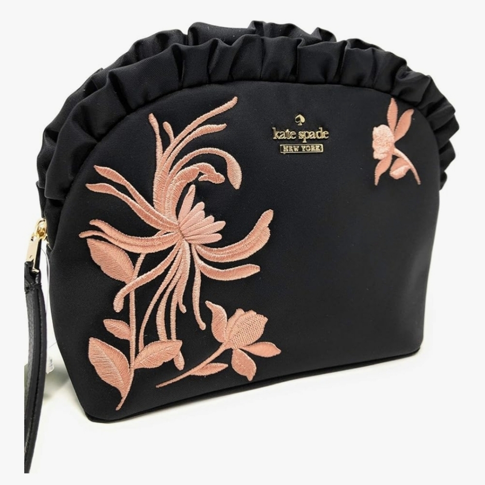 Kate Spade Marcy Dawn Place Black Cosmetic Bag with Pink Floral Embroidery